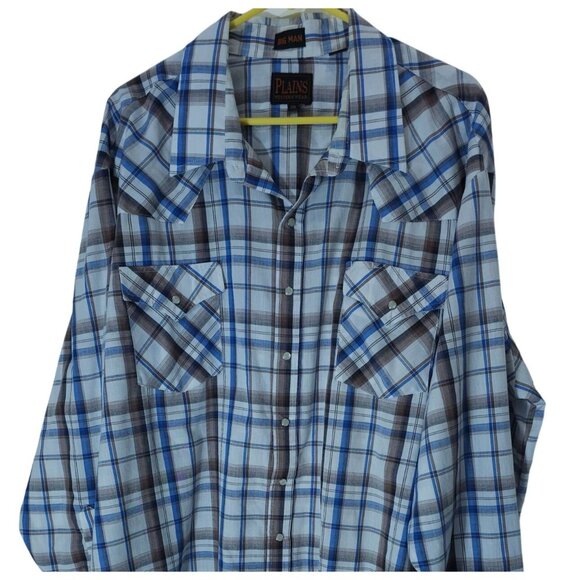 Plains Other - Men's 3X Plaid Western Snap Shirt Plains Big Man Cotton Blue/Brown